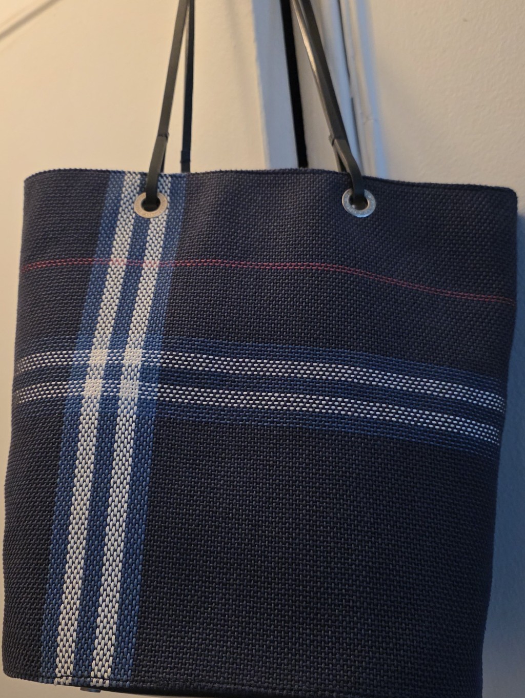 Burberry Striped Navy Tote With Leather Shoulder Straps. Never Used!